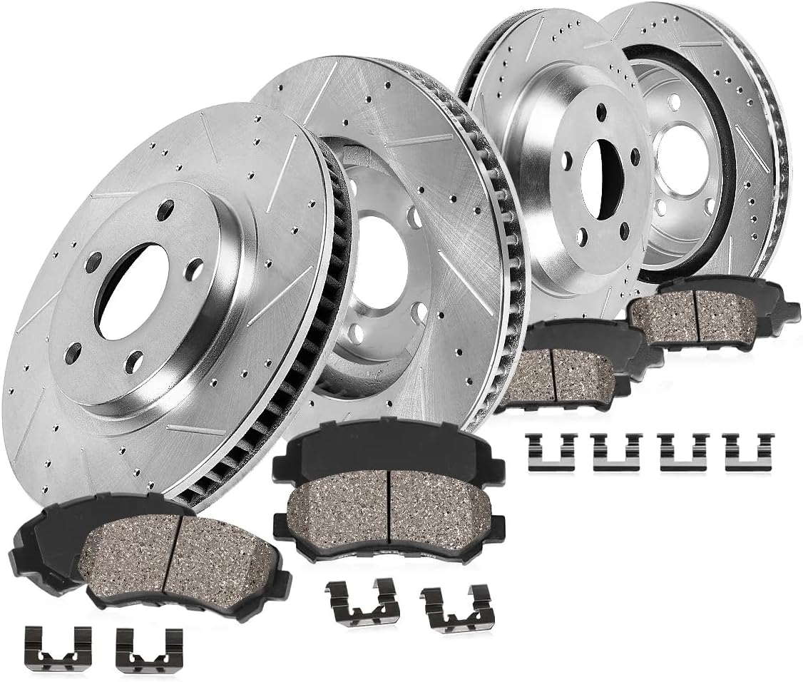 Callahan Brake Parts Front and Rear Brake Kit For Lexus GS200t 2016-17 |GS300 2018-19 |GS350 2013-20 |GS450h 2013-18 - Drilled & Slotted Disc Rotors with Ceramic Brake Pads + Hardware, EBYK028790
