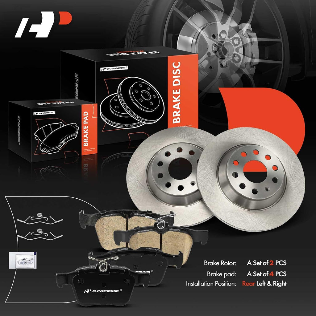 A-Premium 11.81 inch (300mm) Rear Solid Disc Brake Rotors + Ceramic Pads Kit Compatible with Select Volkswagen and Audi Models - Jetta 2019-2023, Golf, Tiguan, Q3, TT Quattro, Arteon, 6-PC Set