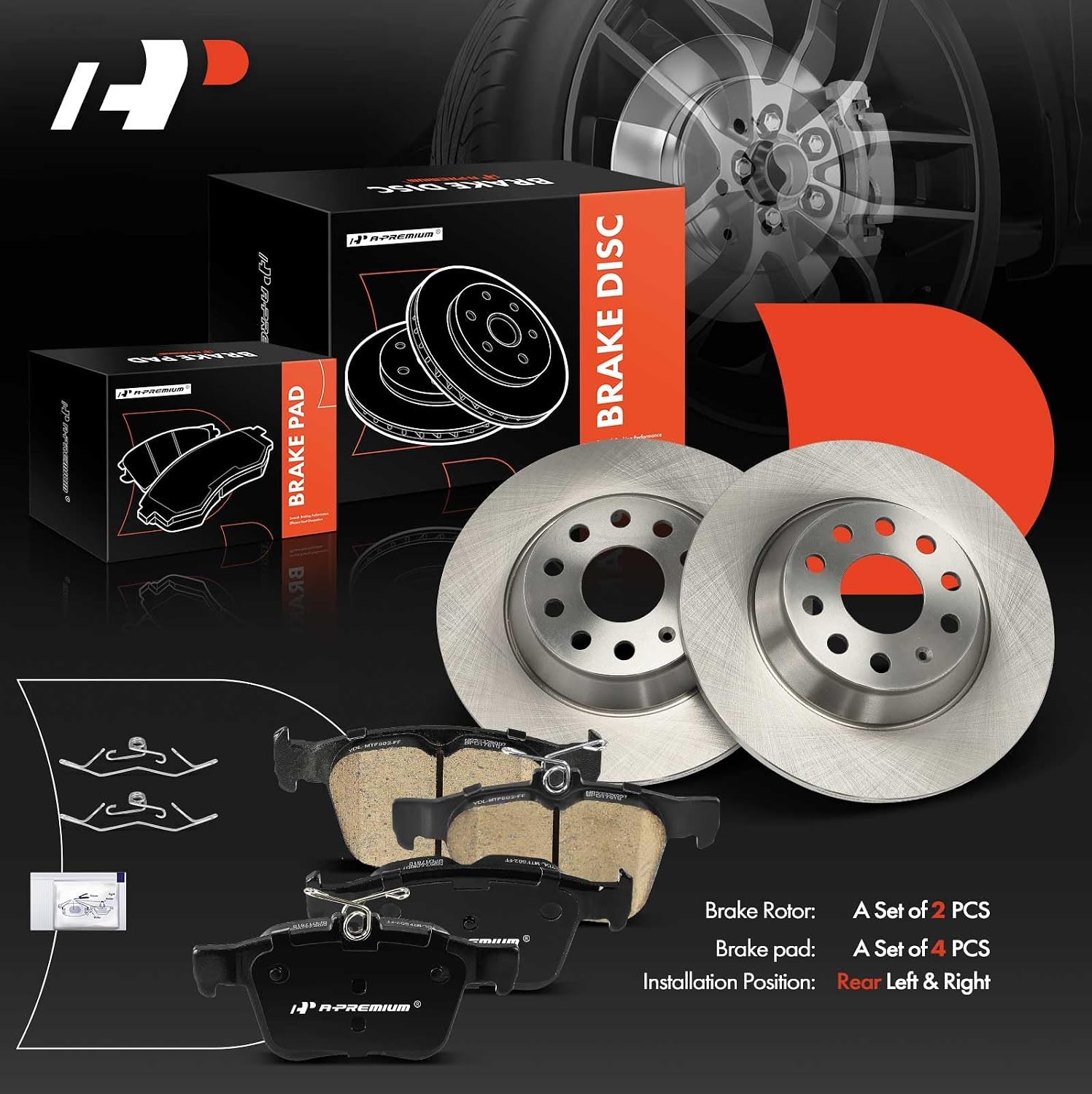A-Premium 11.81 inch (300mm) Rear Solid Disc Brake Rotors + Ceramic Pads Kit Compatible with Select Volkswagen and Audi Models - Jetta 2019-2023, Golf, Tiguan, Q3, TT Quattro, Arteon, 6-PC Set