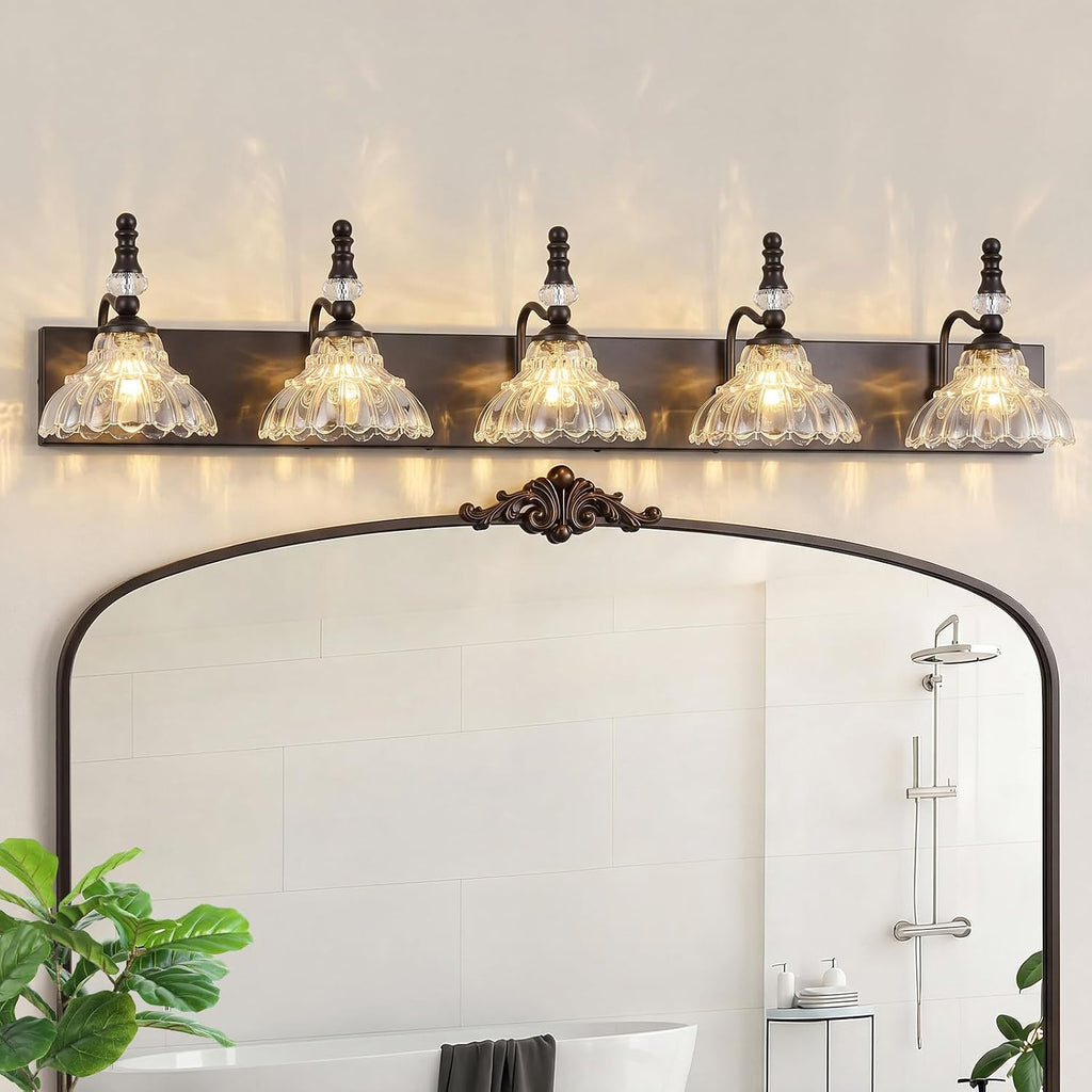 Vintage Bathroom Vanity Light, 5-Light Black Vanity Lighting Fixture with Flower Glass Shade, Bathroom Lighting Fixtures Over Mirror