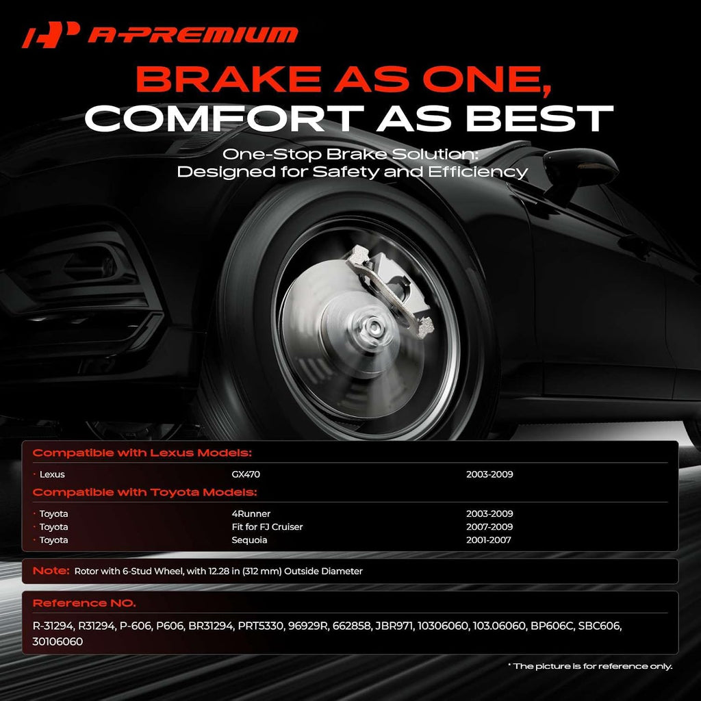 A-Premium 12.28 inch(311.92 mm) Rear Vented Disc Brake Rotors + Ceramic Pads Kit Compatible with Select Lexus and Toyota Models - GX470/4Runner 2003-2009, FJ Cruiser 2007-2009, Sequoia, 6-PC Set