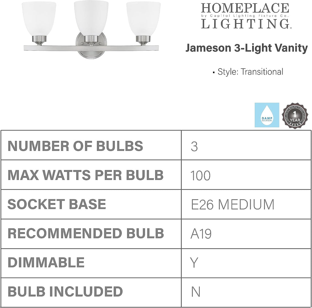 HomePlace Lighting 114331BN-333 Jameson Transitional Soft White Glass Bathroom Vanity Wall Light, 3-Light 300 Total Watts, 9' H x 21' W, Brushed Nickel
