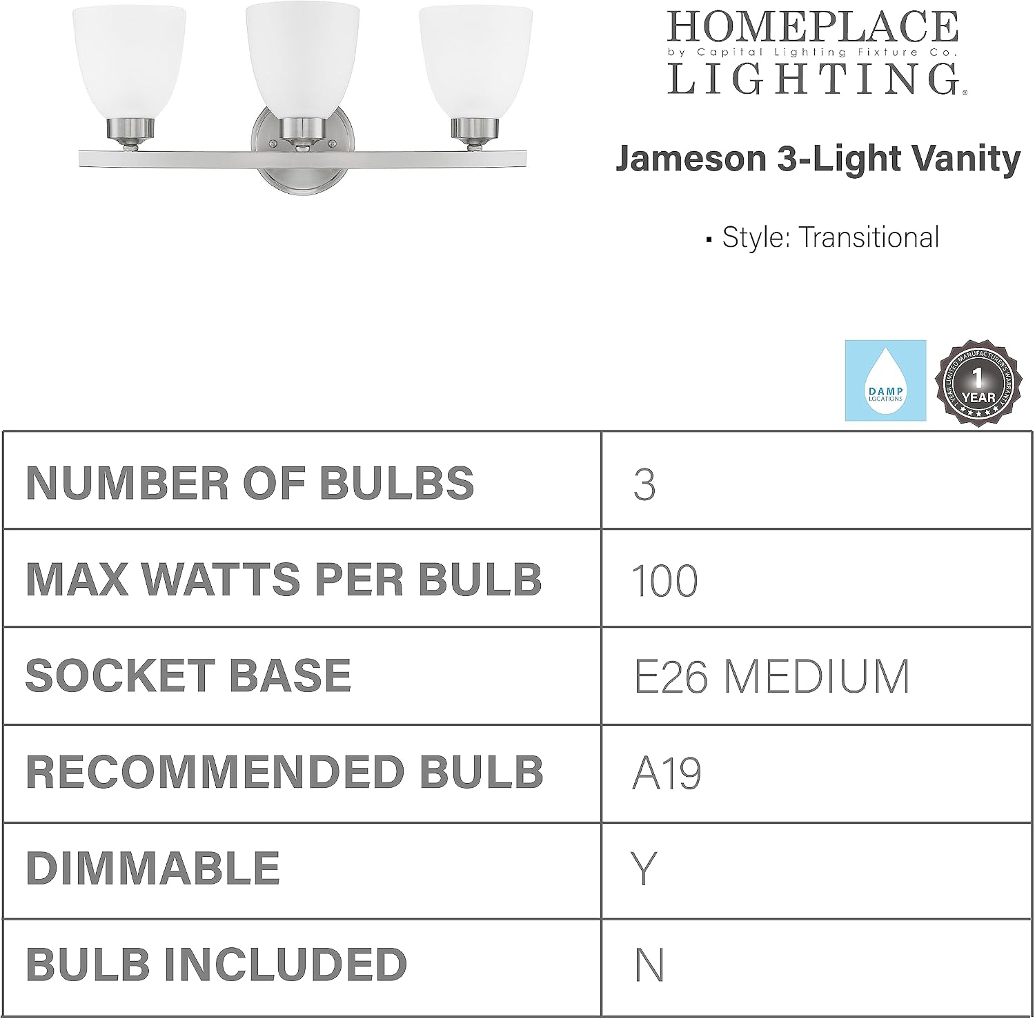 HomePlace Lighting 114331BN-333 Jameson Transitional Soft White Glass Bathroom Vanity Wall Light, 3-Light 300 Total Watts, 9' H x 21' W, Brushed Nickel