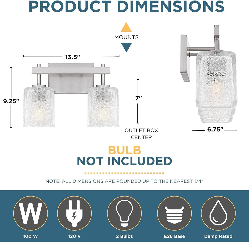 Quoizel Brenthouse Bath Vanity Light, 13.5 Inch 2-Light Bathroom Fixture, Brushed Nickel Modern Industrial Light, 100W Max, for Bathroom, Bedroom or Kitchen