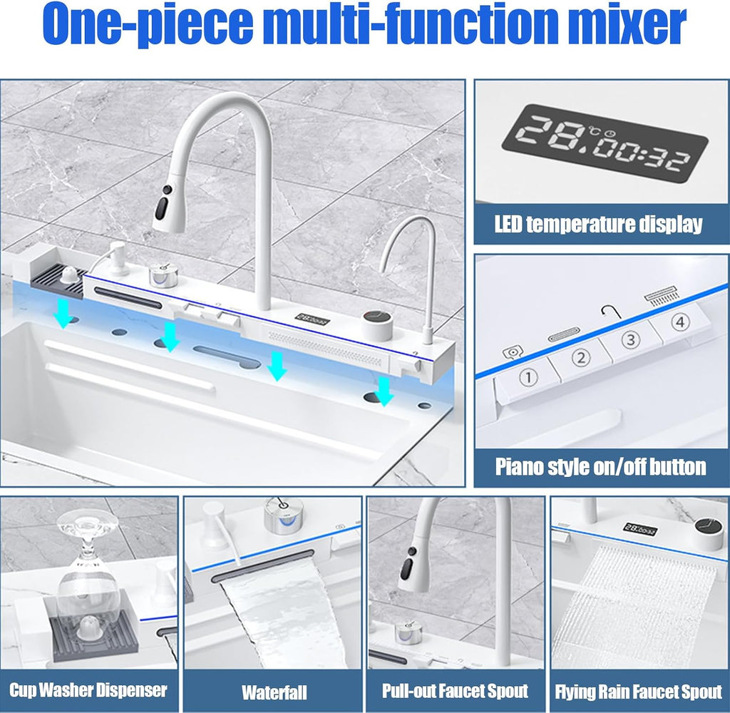 Double Waterfall Sink with LED Display, Cup Washer, Soap Dispenser, Worktop Controller, etc. (White, 31.5 * 18.1 * 8.7 IN)