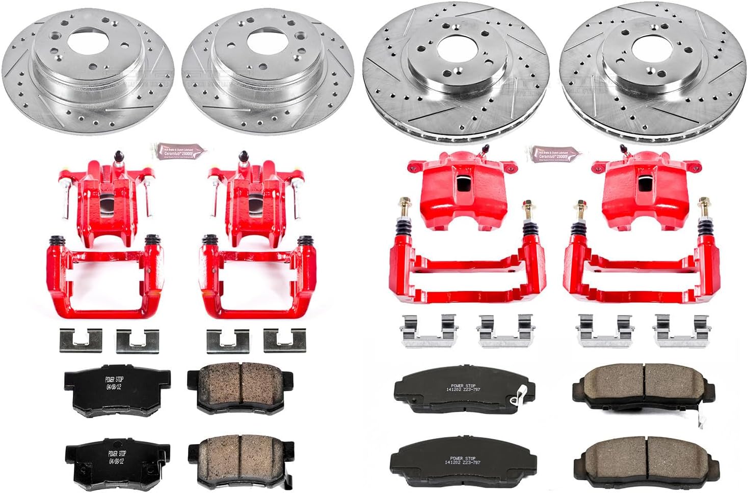 PowerStop Front and Rear Brake & Caliper Kit for Acura TL 2004-08 - Carbon-Fiber Ceramic Brake Pads + Drilled & Slotted Rotors + Red Powder Coated Calipers, KC2298