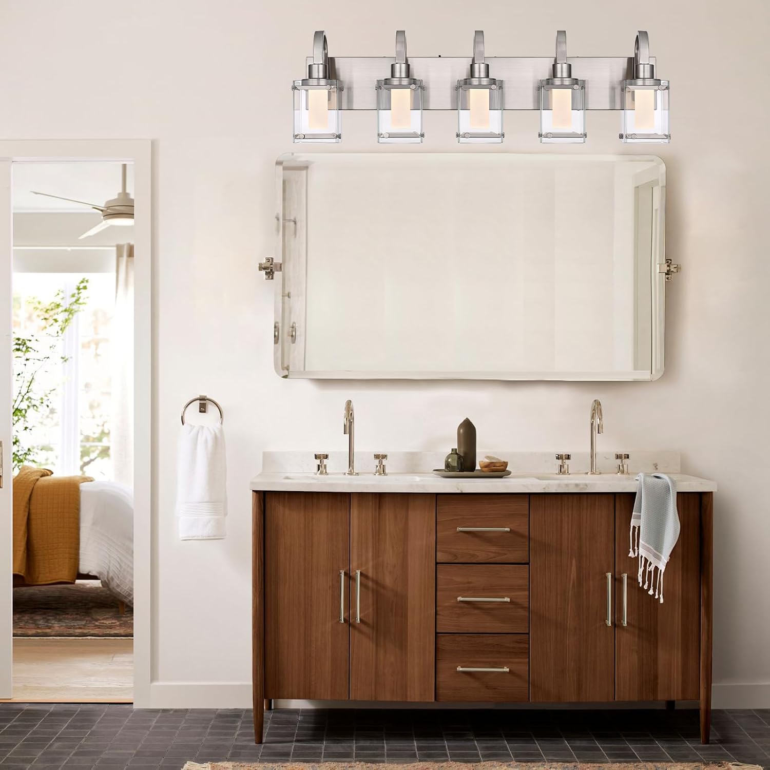 TODOLUZ 5-Light Bathroom Vanity Light,Brushed Nickel LED Modern Wall Light with 5 Color Modes LED Bathroom Light Fixture with Frosted Column and Clear Glass Shade
