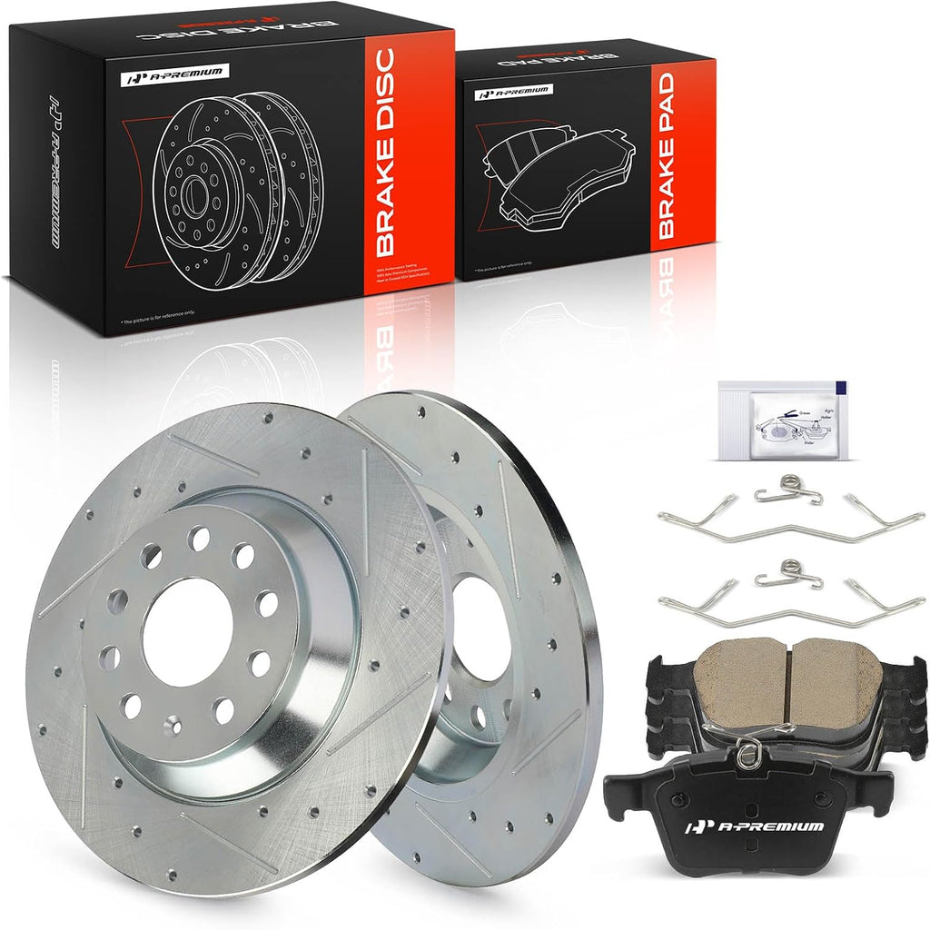 A-Premium 11.81 inch (300mm) Rear Drilled and Slotted Disc Brake Rotors + Ceramic Pads Kit Compatible with Select Volkswagen and Audi Models - Jetta 2019-2023, Golf, Tiguan, Q3, TT Quattro, 6-PC Set