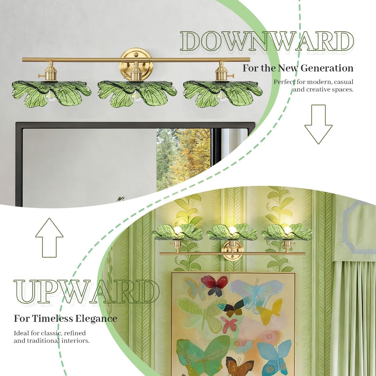 3 Light Green Glass Wall Sconces Art Deco Leaf Bathroom Lighting Fixtures Over Mirror, Gold brass Wall Sconce Vintage Wall Light Mid Century Modern Vanity Lights for Living Room Bedroom Hallway