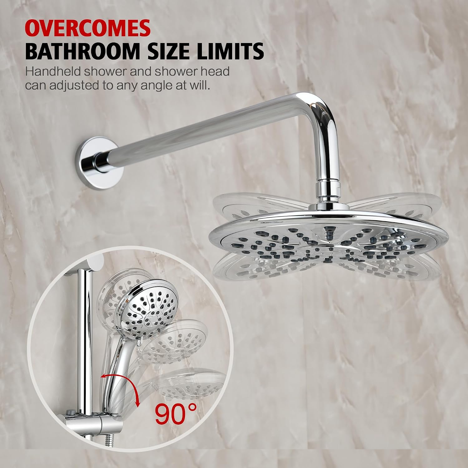 sumerain Modern Bathroom Shower System with High Pressure Rainfall Shower Head, 3-Setting Handheld Shower and Adjustable Slide Bar, Valve Included, Chrome Finish