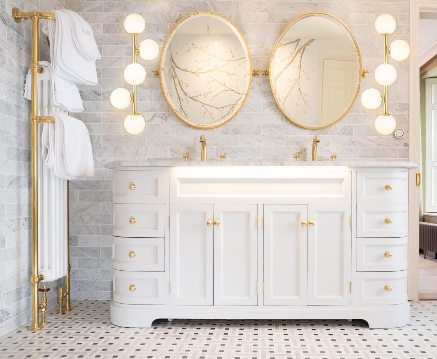 Bathroom Vanity Lights, 5-Light Bathroom Light Fixtures, Mid Century Modern Gold Bathroom Light Ceiling Light, Dimmable LED Wall Sconces Semi-Flush Mount Light Fixture with Milk Glass, Gold Brushed