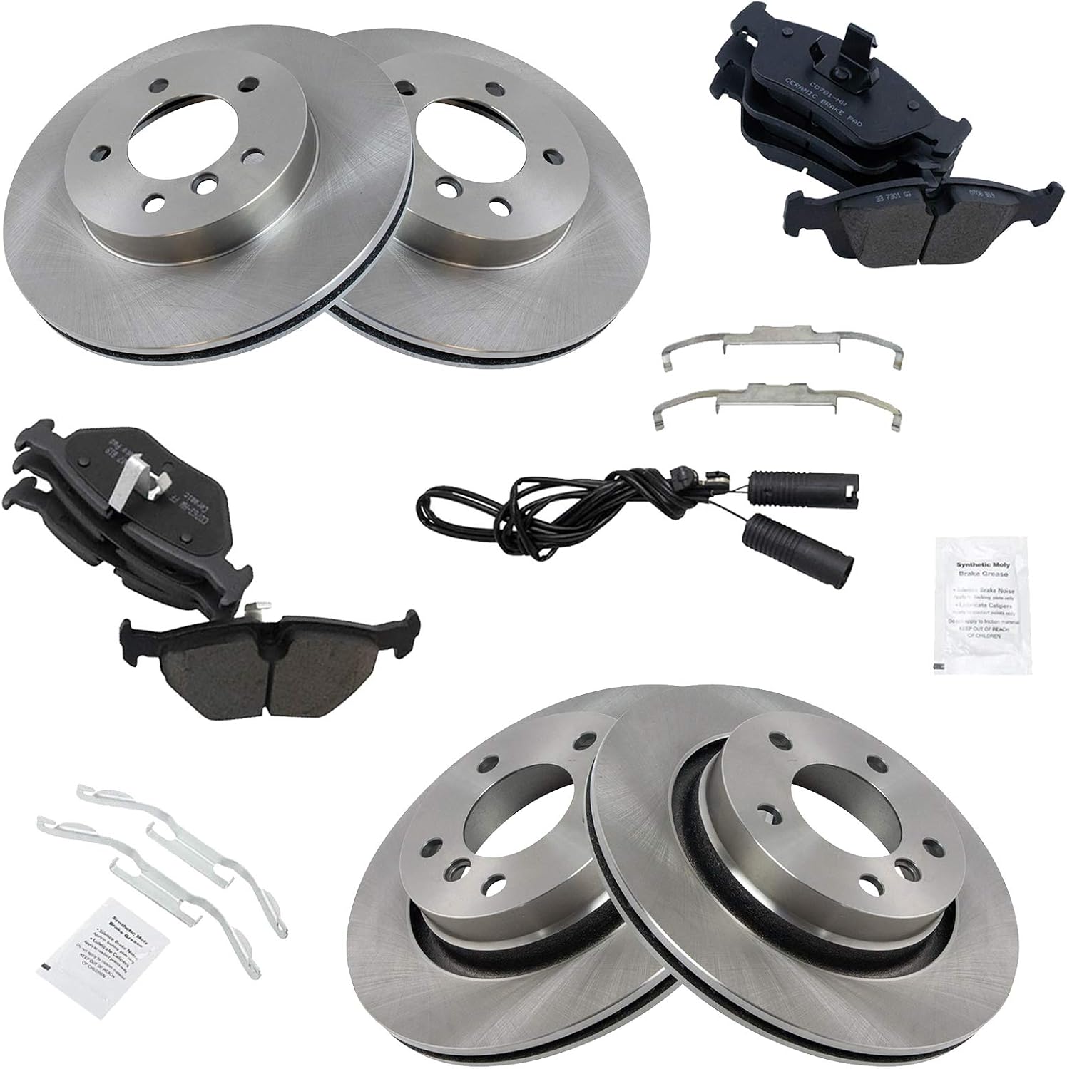 TRQ Front and Rear Brake Pad and Rotor Set Ceramic Vented Solid Rotors Compatible with 1999-2000 BMW 323i 2000 BMW 323Ci 2000 328Ci 2001-2006 325Ci 2001-2005 325i