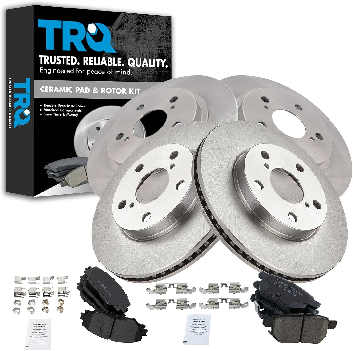 TRQ Front and Rear Ceramic Brake Pad and Rotor Set Compatible with 2008-2015 Scion xB