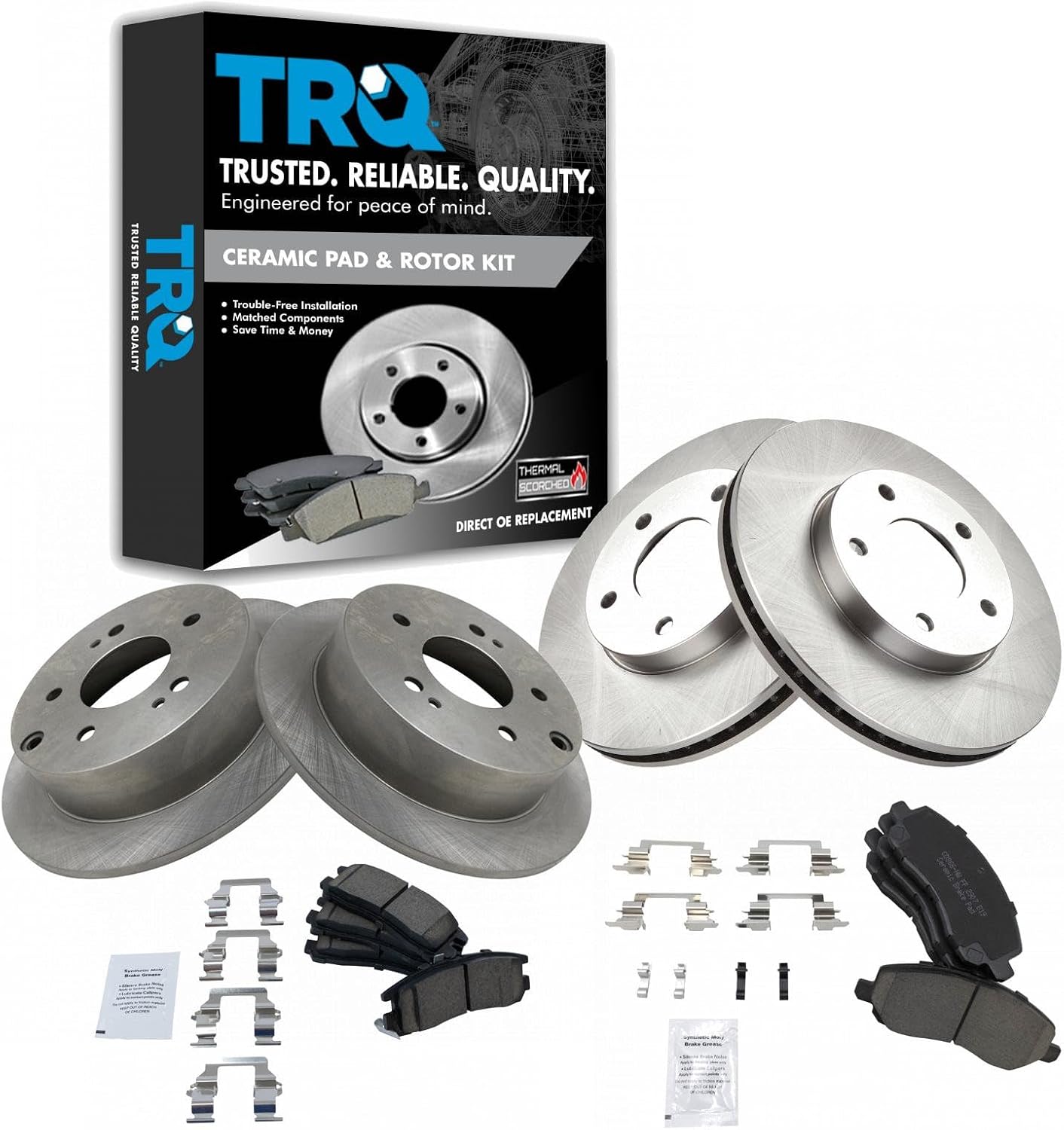 TRQ Front and Rear Brake Pad and Rotor Set Ceramic Compatible with 2004-2012 Mitsubishi Galant
