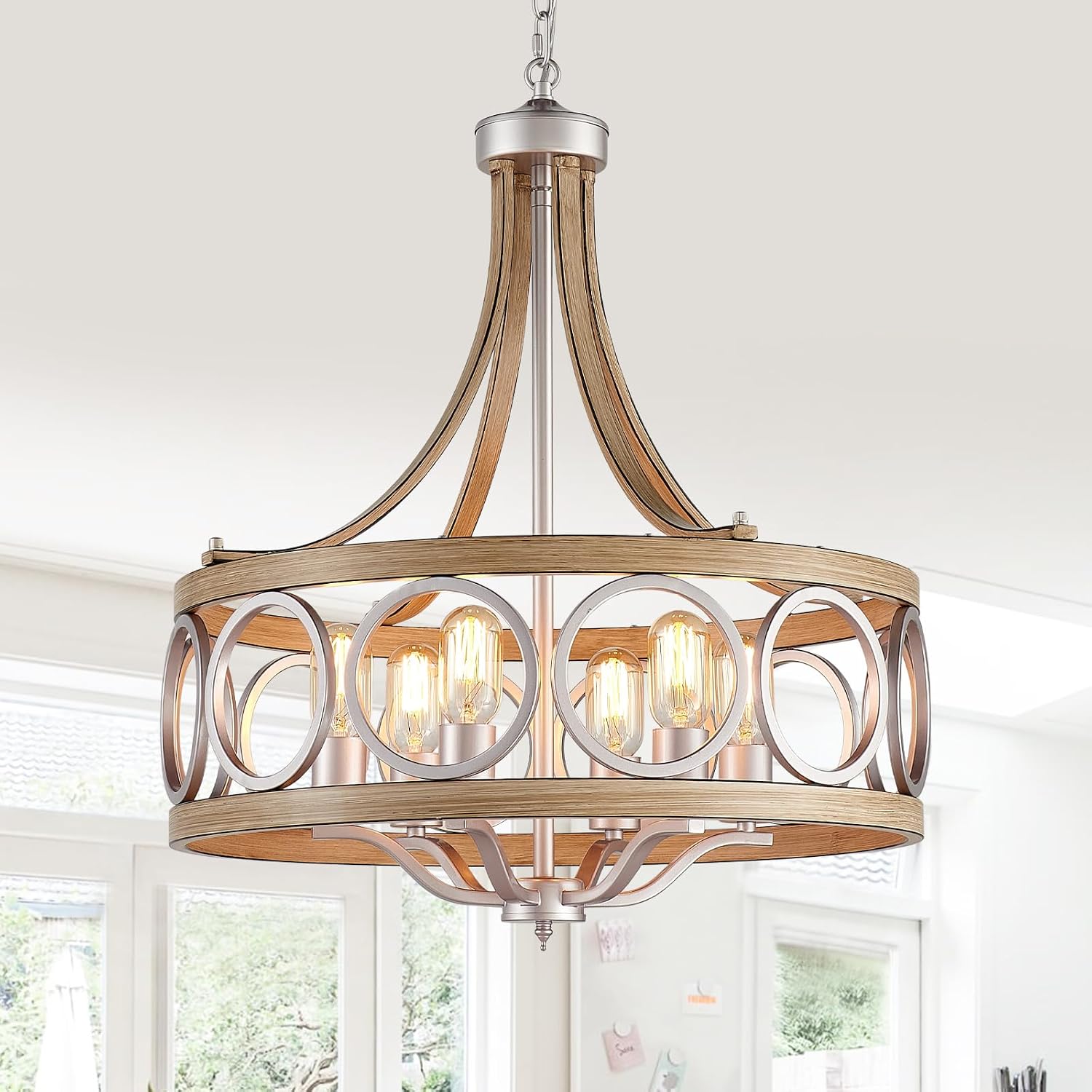 XINGQI Brushed Nickel Dining Room Chandelier 6 Lights Modern Farmhouse Chandelier 21.7' Round Hanging Lighting Fixture Rustic Metal Drum Pendant Lamp for Entryway Bedroom Kitchen