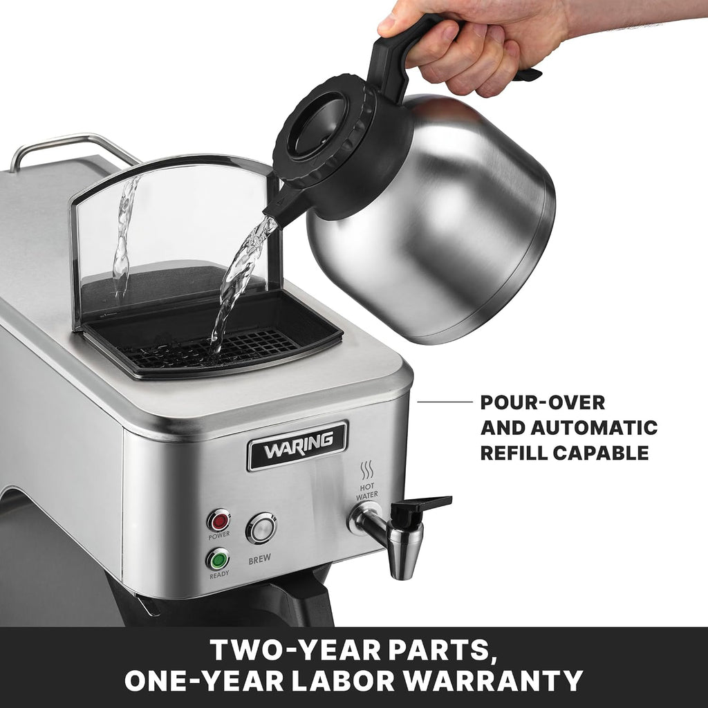 Waring Commercial Café Deco Thermal Coffee Brewer, 3.9 Gallons per Hour, Fits Large 64 oz Thermal Carafes, Stainless Steel, Front Mounted Faucet, NSF Certified, WCM60PT