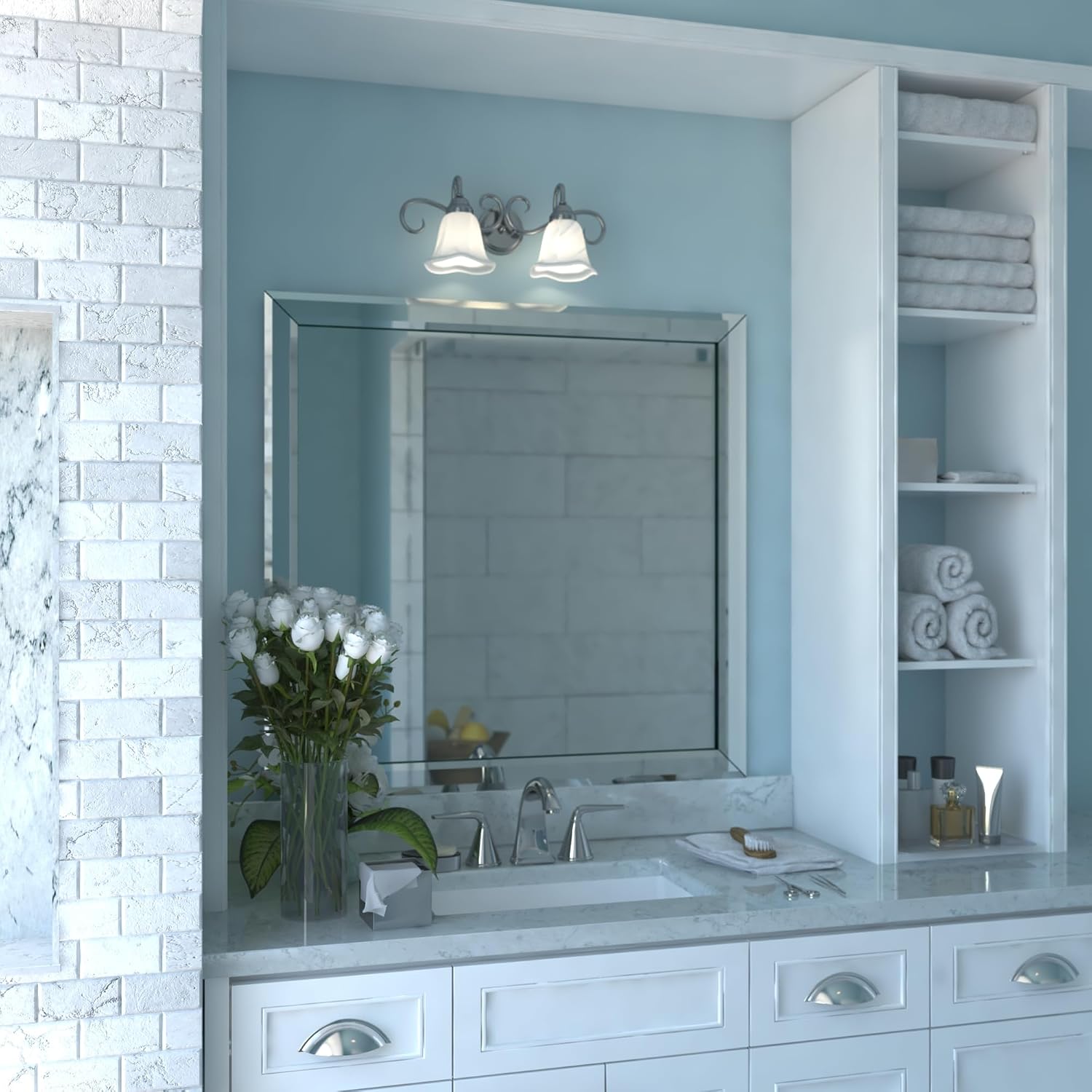 VAXCEL Bella 2-Light 19.75 inch Wide Brushed Nickel Transitional Bathroom Vanity Lighting Fixture, White Alabaster Scalloped Glass Shade, Dimmable, LED Compatible, Over The Mirror Mounted Wall Sconce