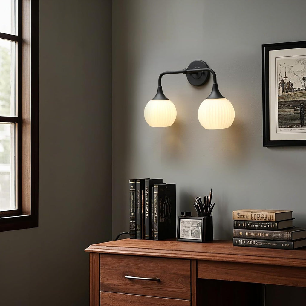 PERMO Double Sconce Black Vintage Vanity Light with White Ribbed Globe Glass Shade Hardwired Wall Light Fixture for Bathroom Mirror Cabinets Hallway Stairs