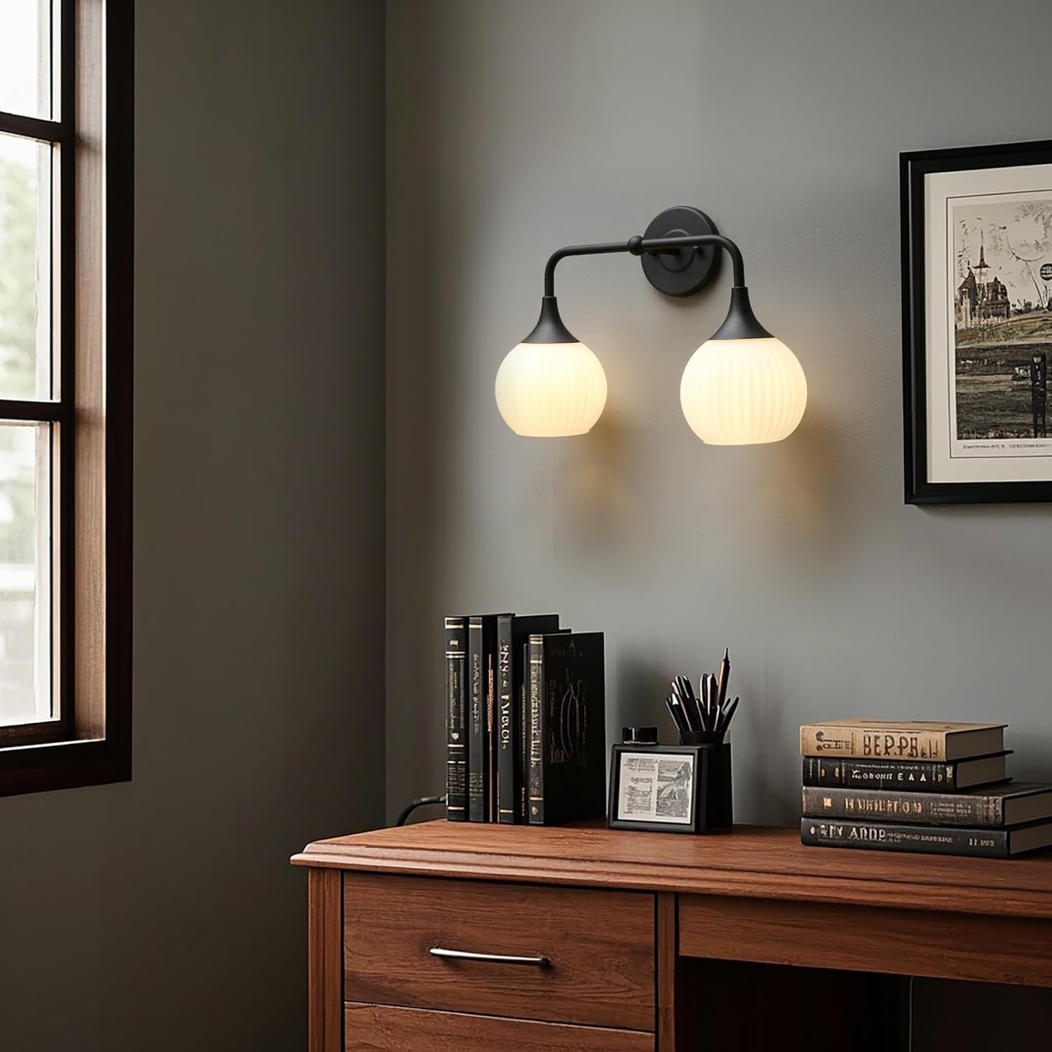 PERMO Double Sconce Black Vintage Vanity Light with White Ribbed Globe Glass Shade Hardwired Wall Light Fixture for Bathroom Mirror Cabinets Hallway Stairs