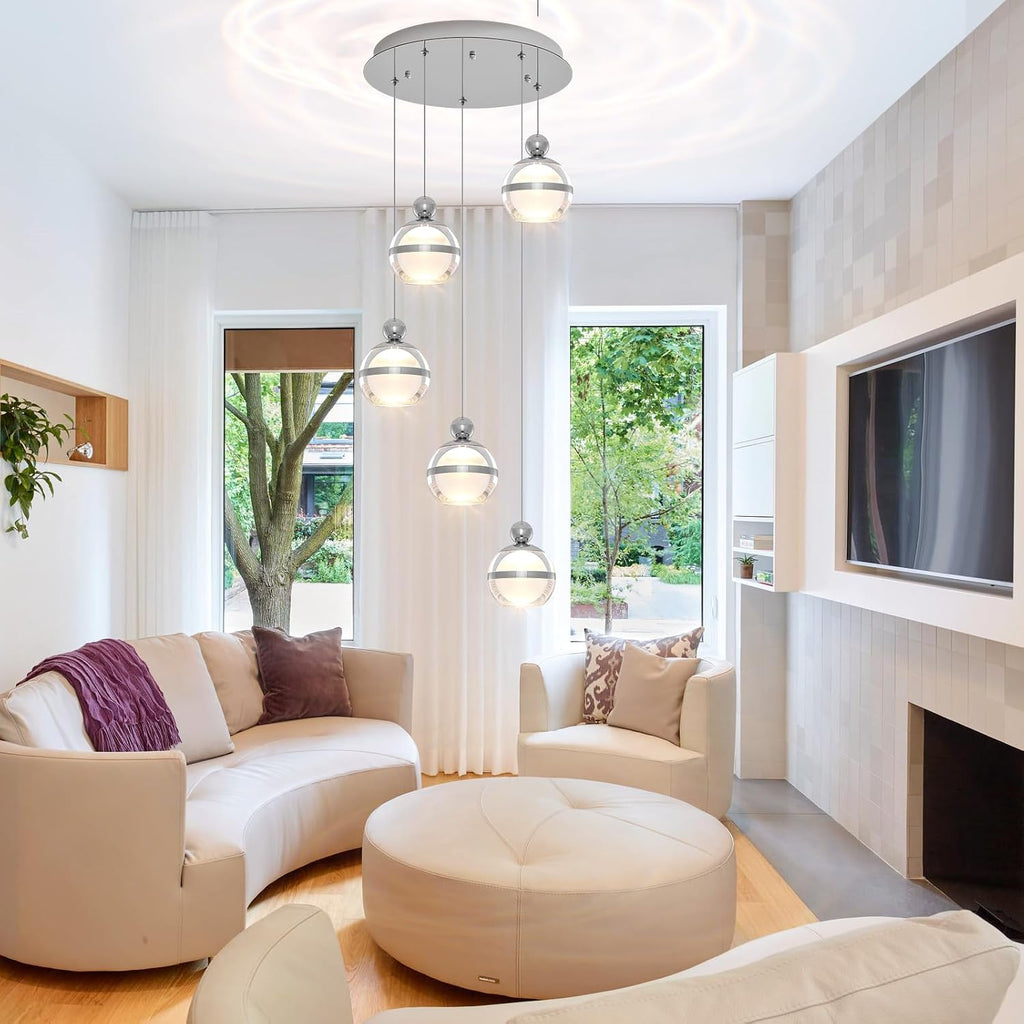 5-Light Chrome Chandelier, Modern Long Chandeliers for High Ceilings Globe Hanging Light Chandelier for Staircase Foyer Corner Living Room Entryway Dining Room 3000K