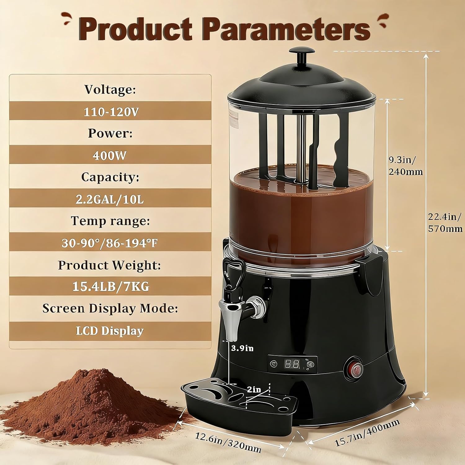 10L/5L Commercial Hot Chocolate Machine Maker & Dispenser, Stainless Steel Electric Chocolate Mixing Machine with Faucet for Heating Chocolate, Coffee, and Tea (Black)(10L)