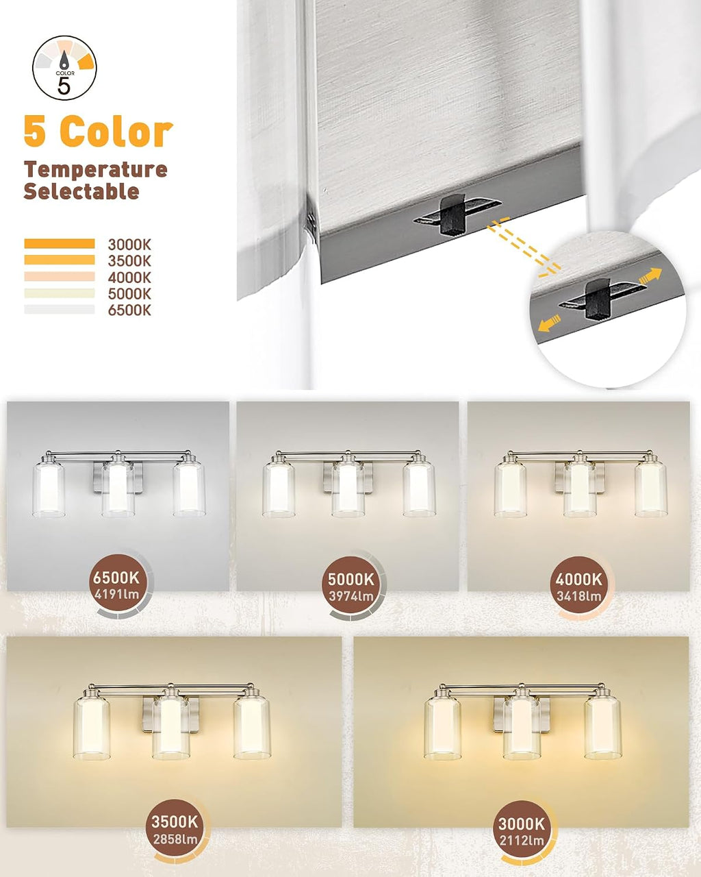 Modern Bathroom Light Fixtures, HWH Brushed Nickel Vanity Lights for Bathroom, Wall Light Fixtures Clear Glass, LED Vanity Lights 5CCT Dimmable 18W, 5HLT63B-3W-LED BN
