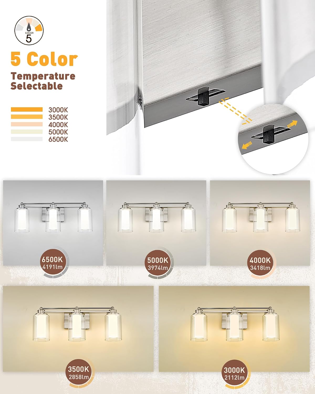 Modern Bathroom Light Fixtures, HWH Brushed Nickel Vanity Lights for Bathroom, Wall Light Fixtures Clear Glass, LED Vanity Lights 5CCT Dimmable 18W, 5HLT63B-3W-LED BN