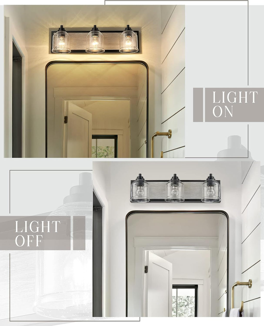 3-Light Bathroom Vanity Light Large 23', Vanity Lights for Bathroom, Farmhouse Rustic Gray Bathroom Light Fixtures Over Mirror with Bubble Glass Shades, Hand-Painted Wood-Look Metal Backplate