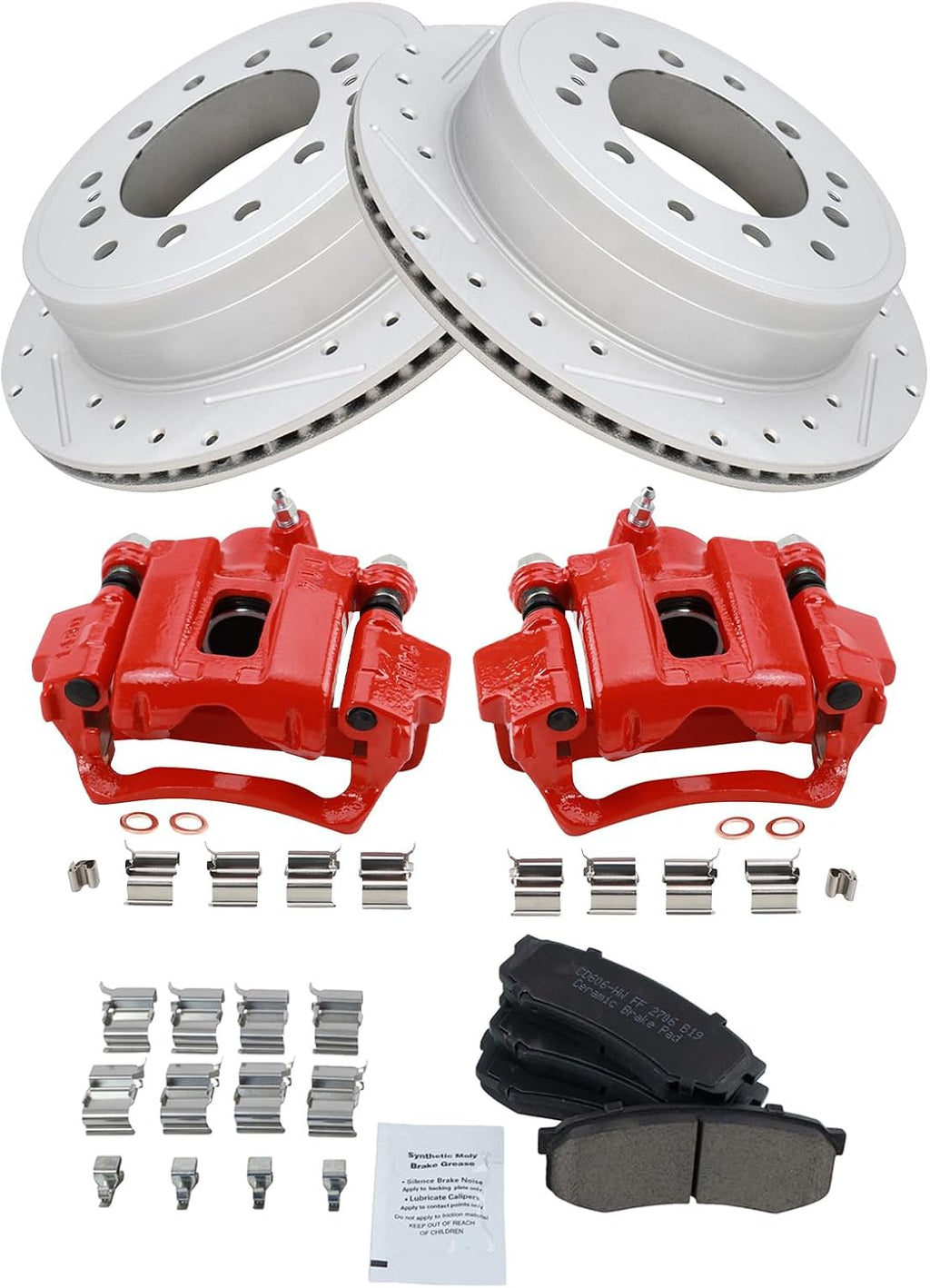 TRQ Performance Rear Brake Pad and Rotor Set Ceramic Coated Drilled Slotted Vented Rotors Calipers Red Compatible with 2010-2020 Lexus GX460 2010-2018 Toyota 4Runner