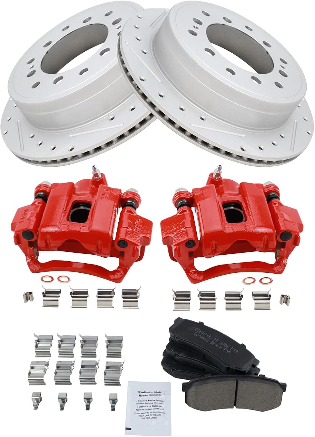 TRQ Performance Rear Brake Pad and Rotor Set Ceramic Coated Drilled Slotted Vented Rotors Calipers Red Compatible with 2010-2020 Lexus GX460 2010-2018 Toyota 4Runner