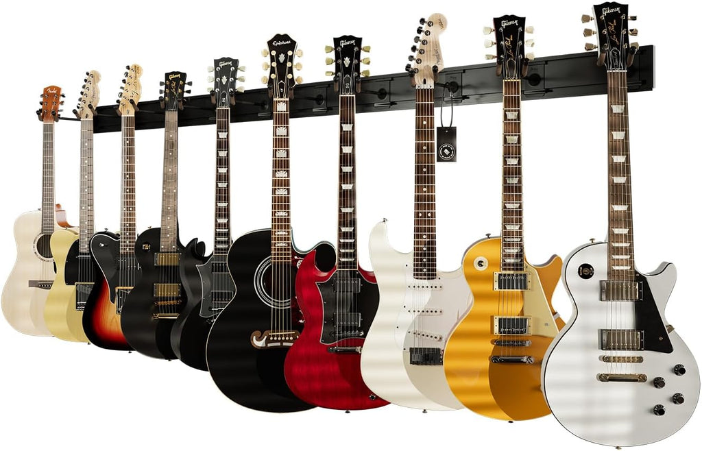 String Swing Guitar Wall Rack, Guitar Stand Mulitple Guitars, Hanging Guitar Stand for Acoustic & Electric Guitars, 10 Heavy Duty Padded Arm Hangers & Black Slatwall Rail - MADE IN USA