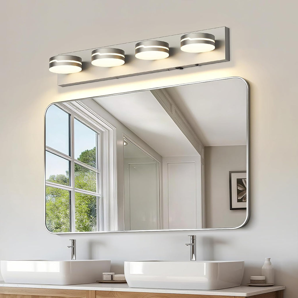 26' Motion Sensor Vanity Light Brushed Nickel, 3CCT 4-Light Modern LED Bathroom Lighting Fixtures Over Mirror, Dimmable Rotatable Head Wall Sconce, 3000K-6000K Color Selectable