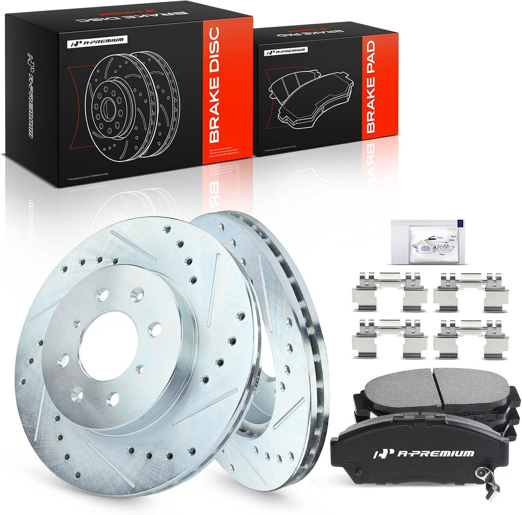 A-Premium 10.32 inch(262 mm) Front Drilled and Slotted Disc Brake Rotors + Ceramic Pads Kit Compatible with Select Acura and Honda Models - Integra 1994-2001, Civic 1993 1994 1995, 6-PC Set