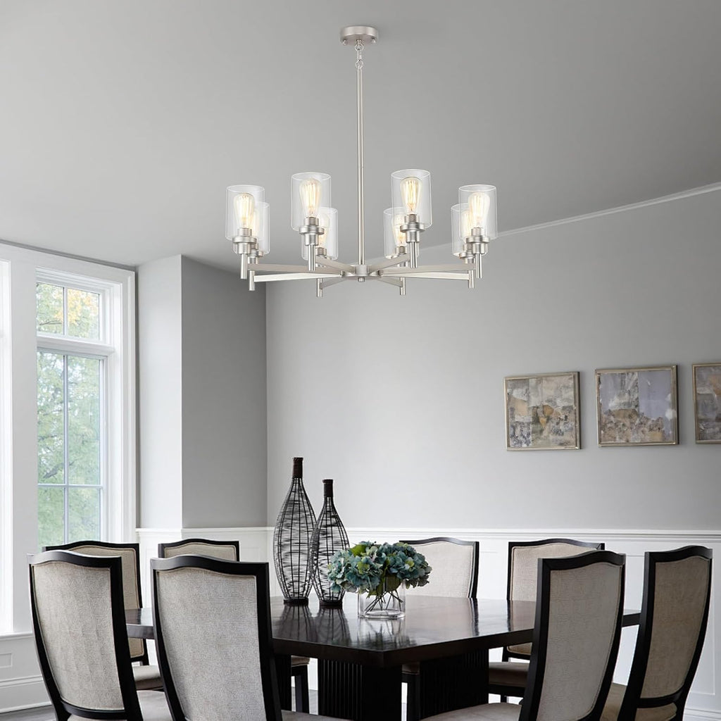 Brushed Nickel Chandeliers for Dining Room | 8 Lights Living Room Light Fixture Over Table | Farmhouse Chandelier with Clear Glass Shade | Hallway Lighting for Kitchen Island | Bedroom | Restaurant