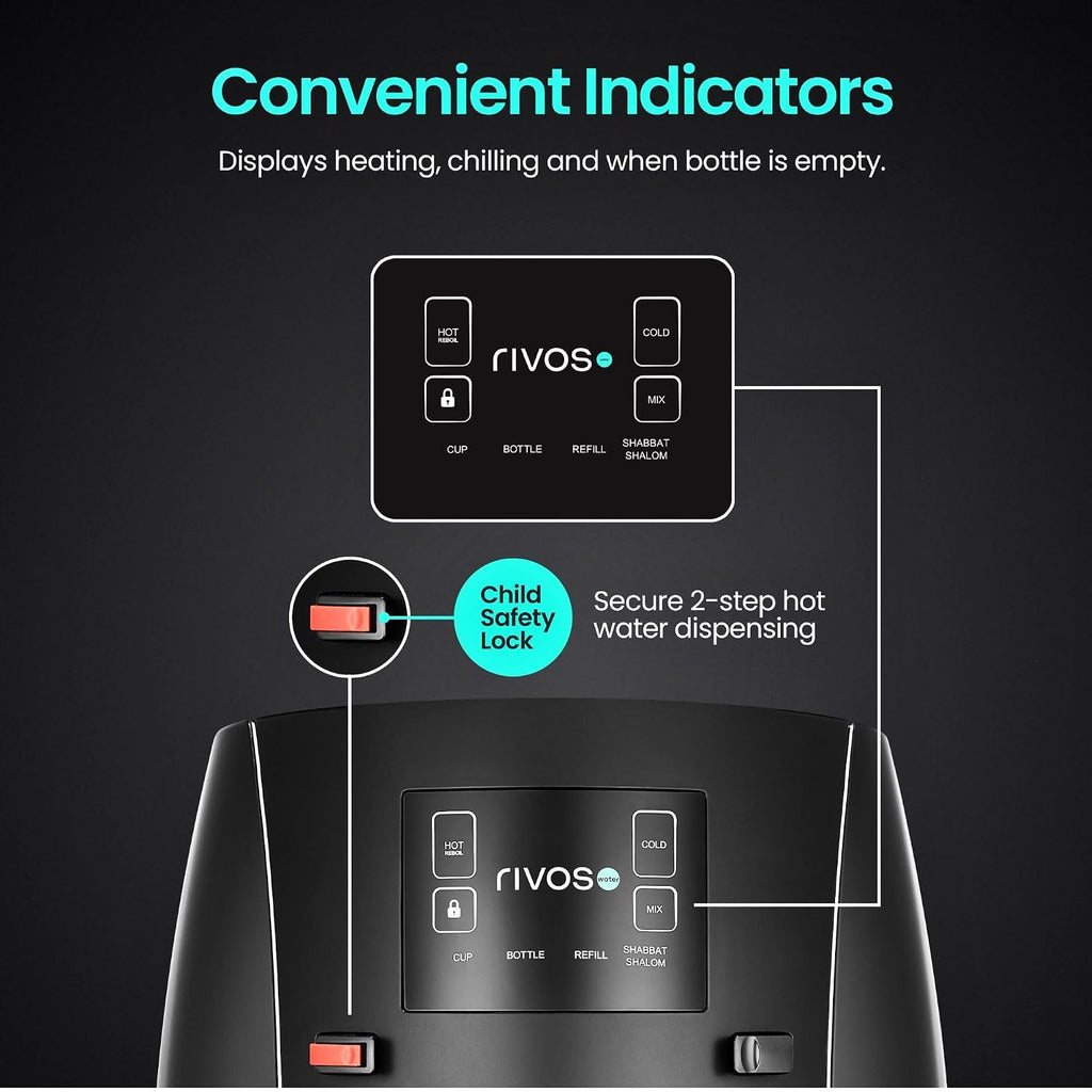 Rivos Spirit Smart Water Dispenser, Hot & Cold Countertop Dispenser, 316 Stainless Steel, Shabbat-Compatible System with Filter & Carbon Filter, Eco-Friendly Home & Office Hydration (Black)