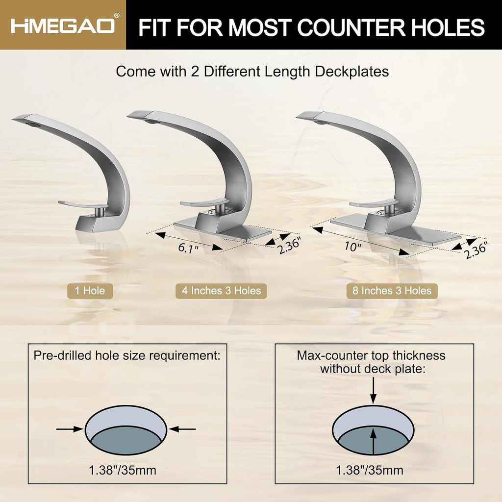 Bathroom Faucet Brushed Nickel,Bathroom Sink Faucet for Sink 1 Hole or 3 Hole Mount Single Handle Basin Mixer with 6-inch 10-inch Deckplate