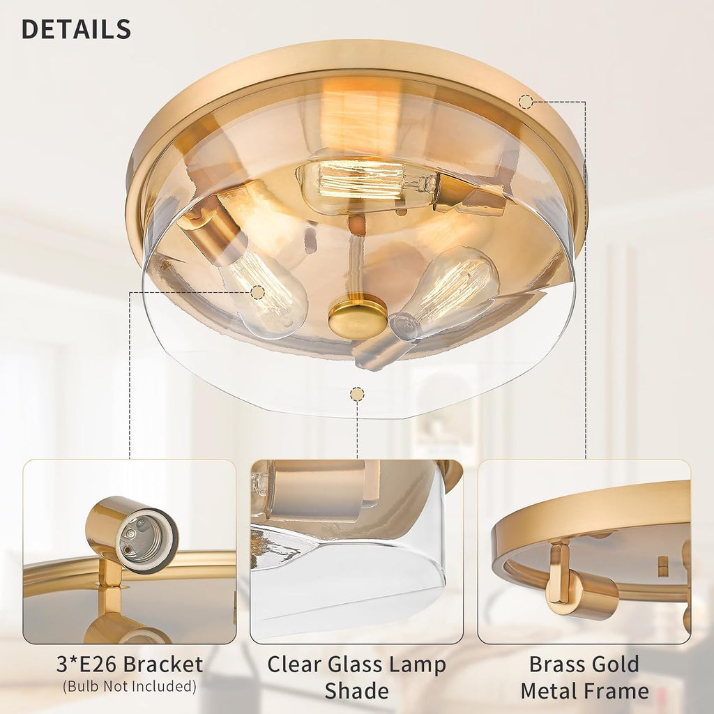 Gold Flush Mount Ceiling Light, 3-Light Hallway Light Fixtures, Modern Farmhouse Farmhouse Ceiling Light Clear Glass Brushed Gold Finish for Kitchen Porch Entryway