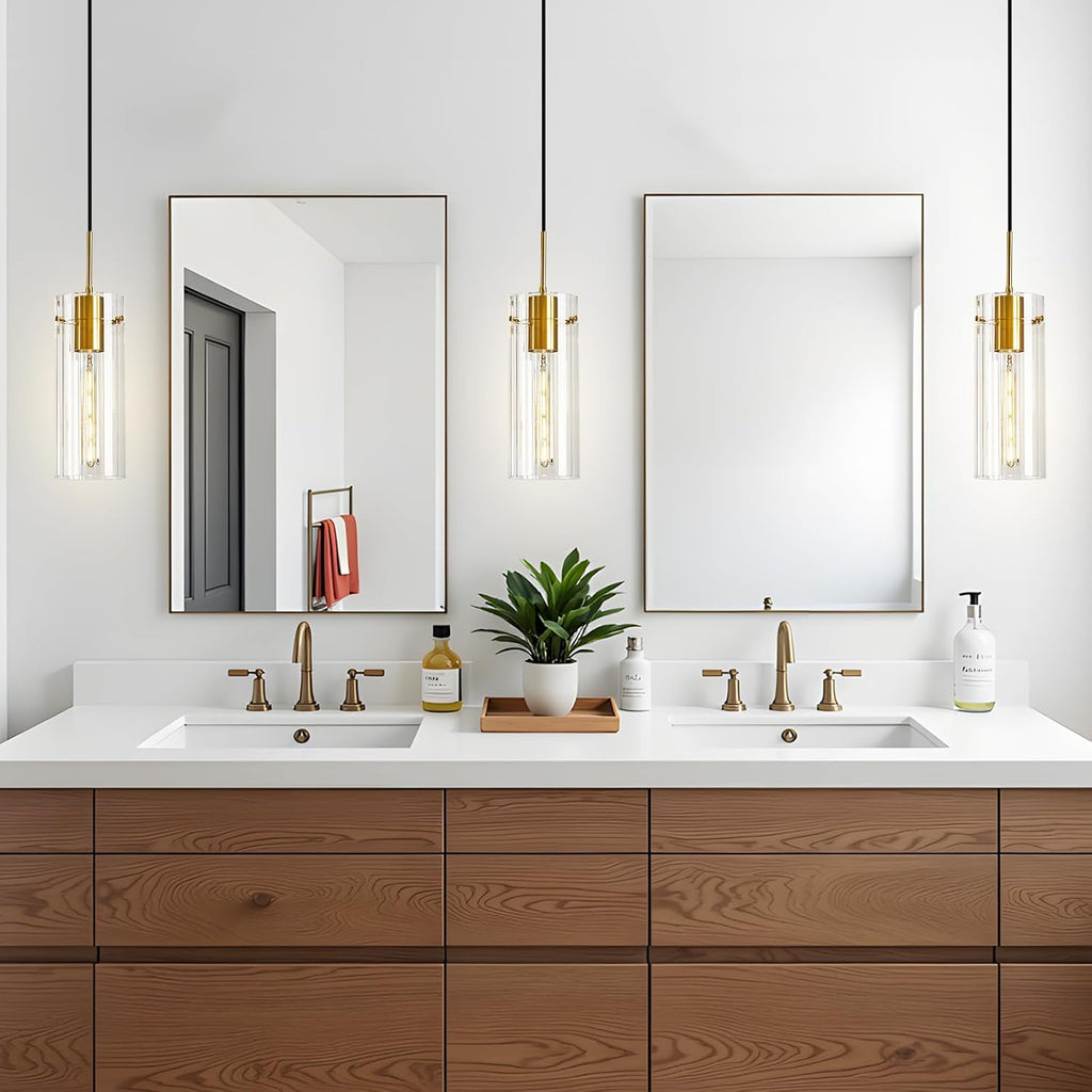 Gold Pendant Light Fixtures, 3 Pack Modern Pendant Lighting with Clear Striped Glass Shade, Hanging Pendant Lights Kitchen Island, Farmhouse Pendant Lighting for Dining Room Bedroom Bathroom