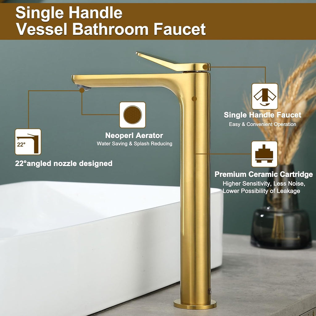 12 Inch Tall Vessel Sink Faucets - Hoanmpy Bathroom Faucet,Modern 22° Angle Outflow Nozzle Handle One Hole Bathroom Vanity Faucets - Brass Lavatory Faucets Brushed Gold