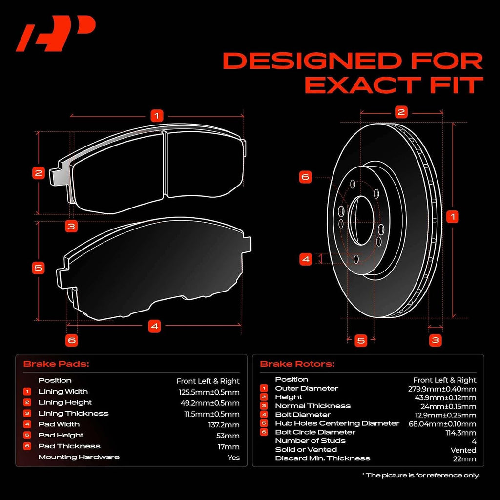 A-Premium 11.02 inch (280mm) Front Vented Disc Brake Rotors + Ceramic Pads Kit Compatible with Select Nissan Models - Sentra 2007-2012, Versa 2007-2012, Cube 2009-2014, 6-PC Set