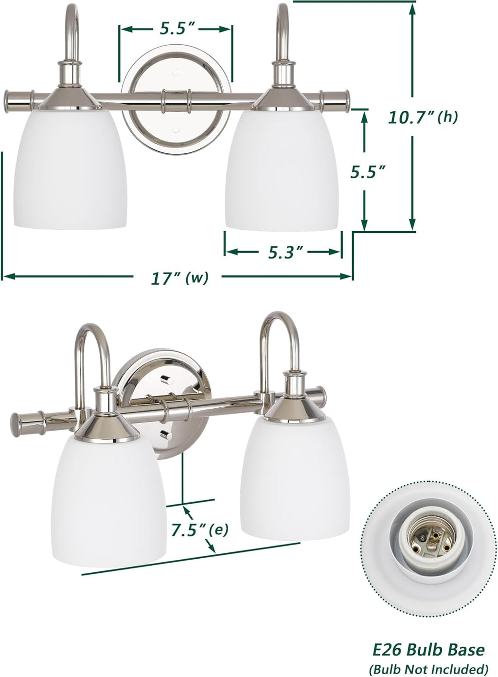 Polished Nickel 2-Light Bathroom Vanity Light Fixtures Over Mirror, Vintage Vanity Lights for Living Room, Milk White Glass Shades, Standard E26 Base
