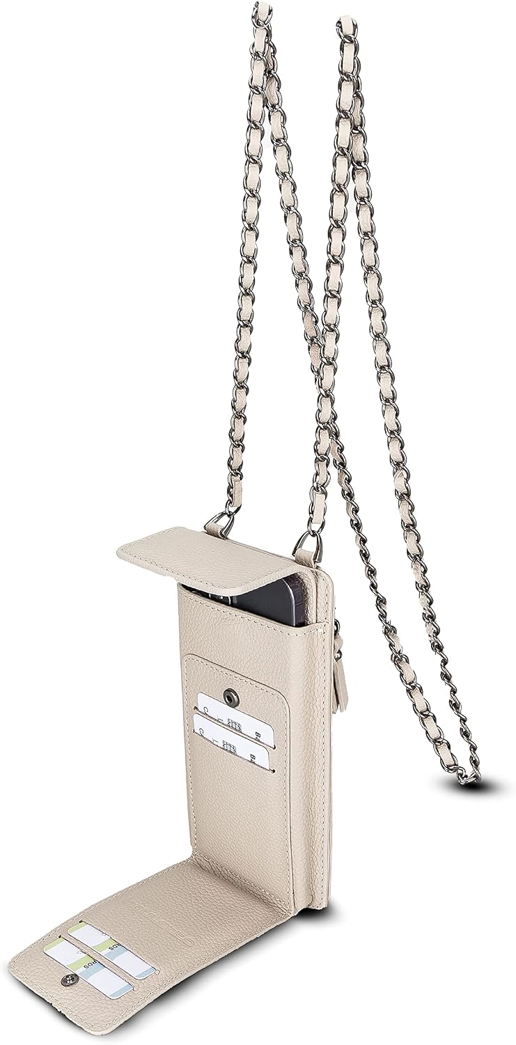 Crossbody Women Wallet fits iPhone 16 Pro MAX / 17 Pro MAX and All Mobile Devices up to 6.9' - Zippered Women Purse, Shoulder Bag with Card Holder, Pocket & Chain Strap, Trendy (Platinum)