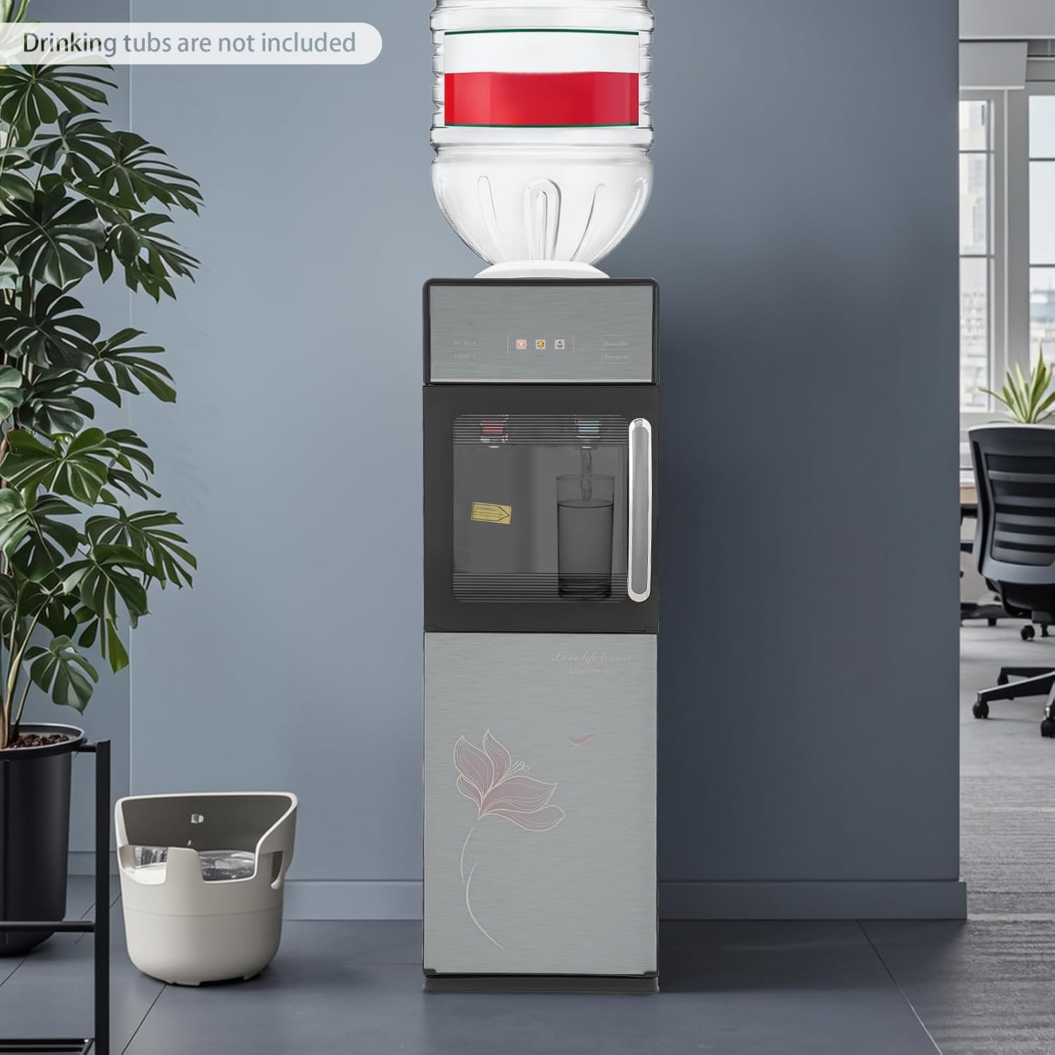 Bacocoo Freestanding Hot&Cold Water Dispenser for Home Office, Top Loading Water Dispenser with Hot,Cold Room Temp, Grey&Black Compact Space-Saving Design.