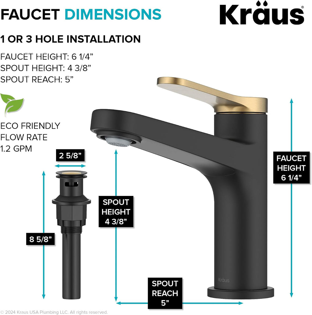 KRAUS Indy Single Handle One Hole Bathroom Sink Faucet in Spot-Free Brushed Brass/Matte Black, KBF-1411SFBBMB