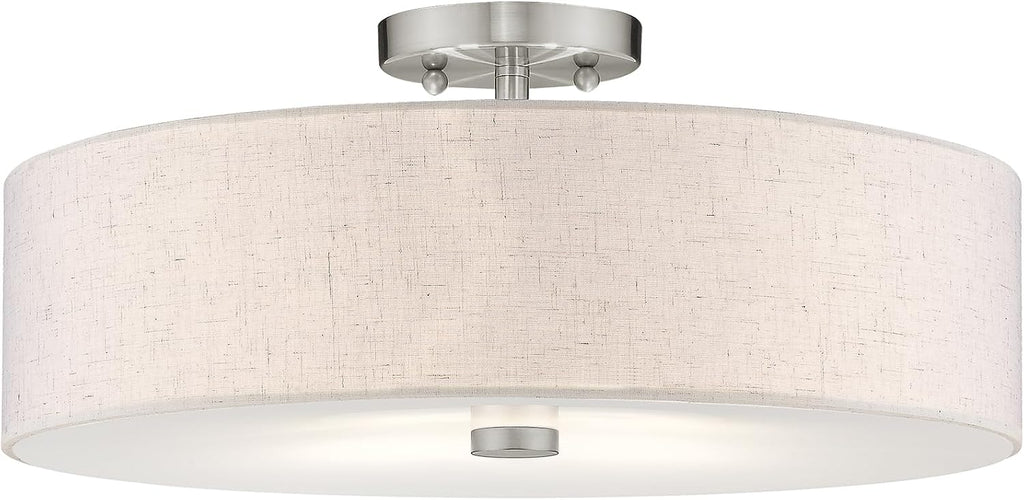 Livex Lighting 52136-91 Meridian Collection 4-Light Semi Flush Mount Ceiling Fixture with Oatmeal Color Fabric Hardback Drum Shade and Satin White Diffuser, Brushed Nickel