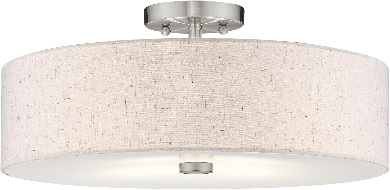 Livex Lighting 52136-91 Meridian Collection 4-Light Semi Flush Mount Ceiling Fixture with Oatmeal Color Fabric Hardback Drum Shade and Satin White Diffuser, Brushed Nickel