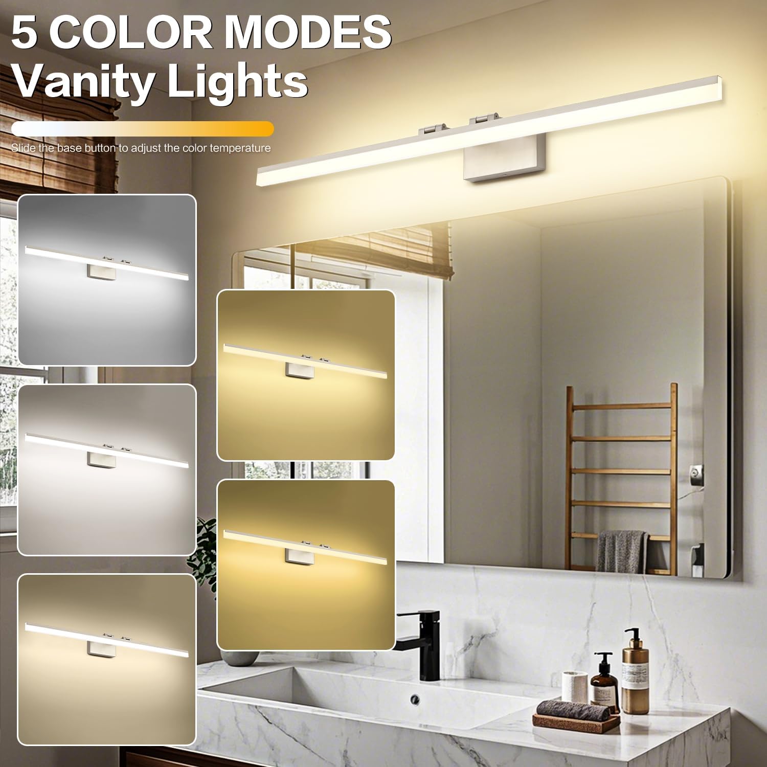 SOLFART 5 Color Temperature Dimmable 47.2 Inch Bathroom Light Fixtures Over Mirror Brushed Nickel Vanity Lights for Bathroom Modern LED Light Fixture 5CCT