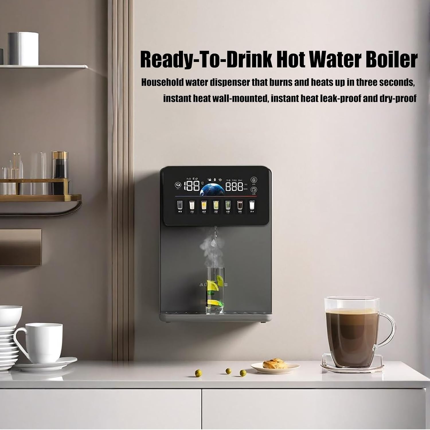 Wall Mounted Instant Heat Office Water Cooler, Countertop Water Dispenser with Child Locks, Adjustable 5 Temp 5 Water Volume Dispense(Gray)