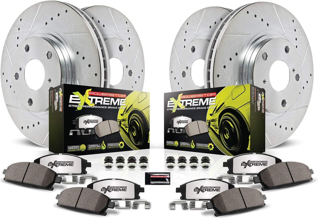PowerStop Front and Rear Brake Kit for Subaru WRX 2015-21 - Carbon-Fiber Ceramic Z26 Brake Pads + Drilled & Slotted Rotors Upgrade, K6932-26