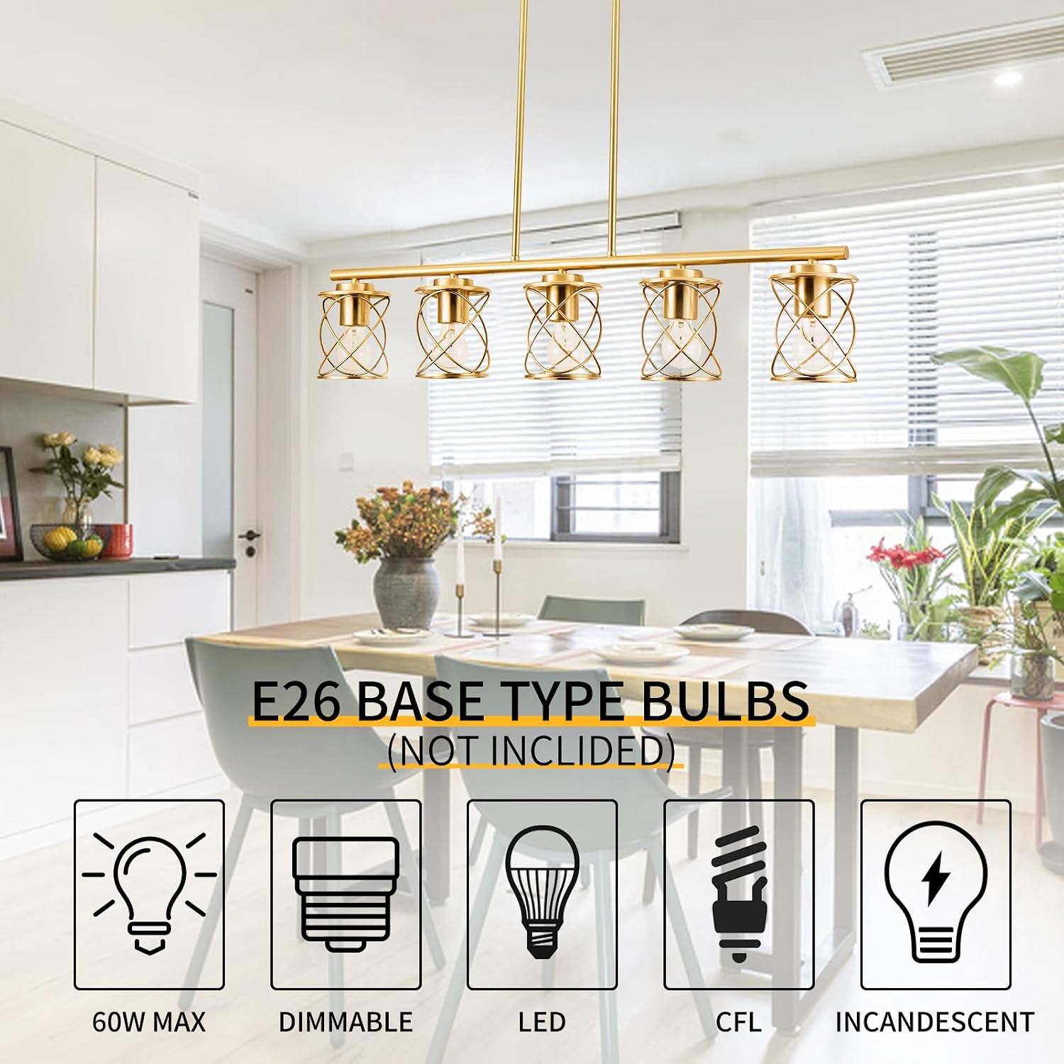 mavcadonf Kitchen Island Light, 5-Light Dining Room Lighting Fixtures Hanging, Farmhouse Linear Pendant Light for Kitchen Island Table Living Room with Adjustable Rods, Brushed Gold